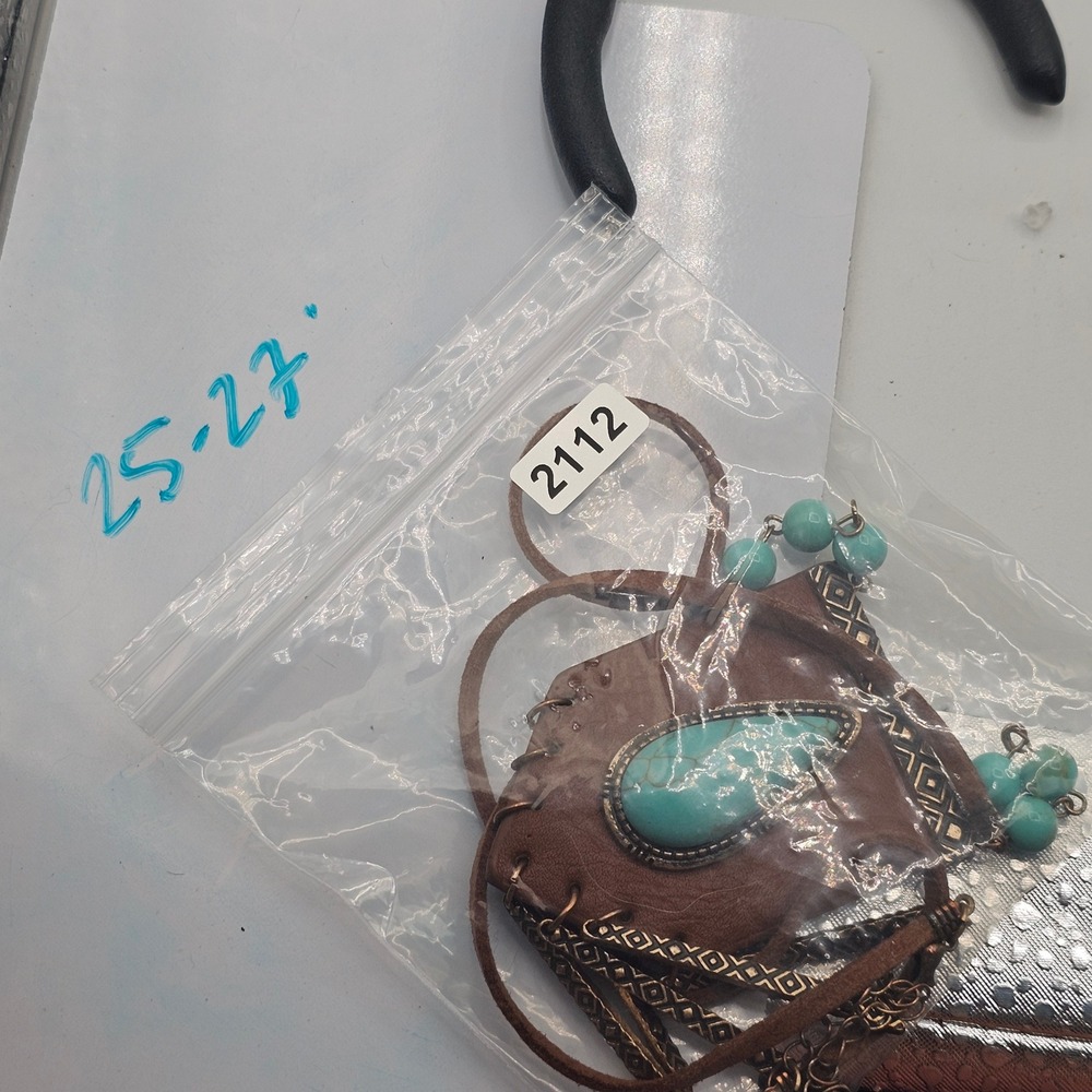 Brown Leather Blue Stone Pendant Necklace Metal Fringe Boho Tribal Southwest - Picture 13 of 13